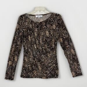 Jones Studio Faux Wrap Ruched Long Sleeve Stretch Blouse Womens Size M Brown